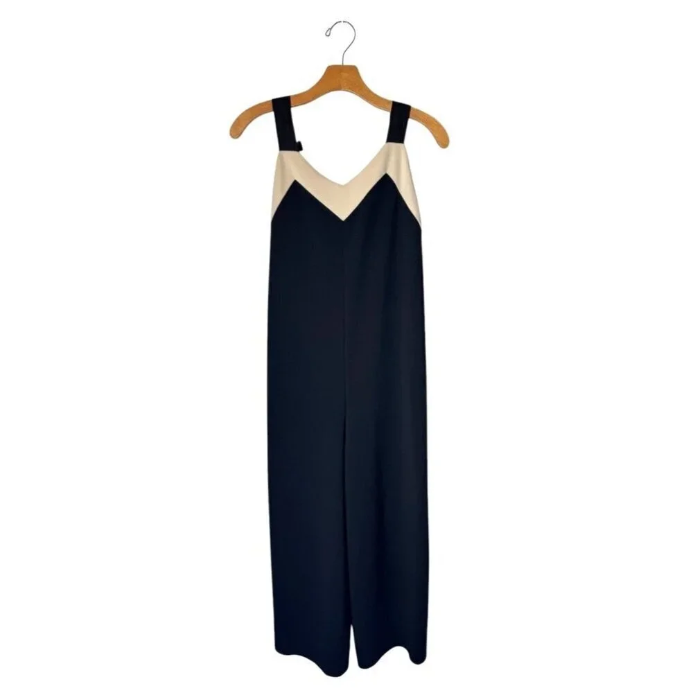 Zara Jumpsuit Women Small Black Ivory Tie Back Overall Wide‎ Leg Cropped Preppy